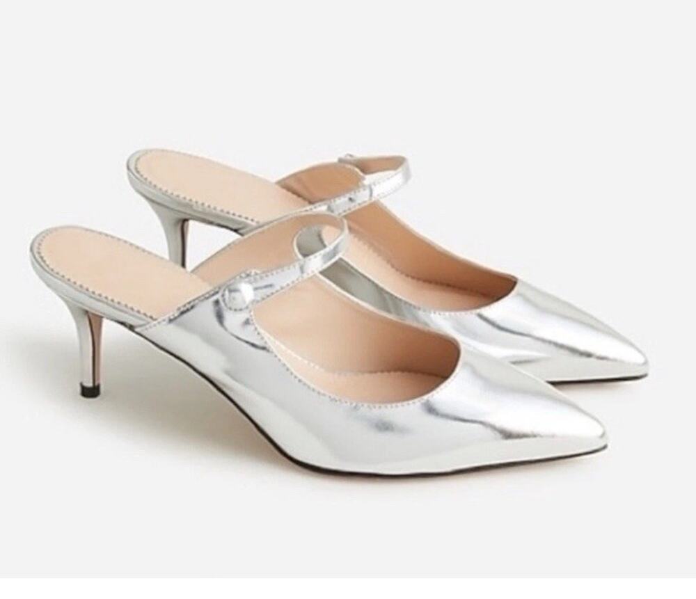 J. Crew Silver Kitten Heel Mules Size 8.5 RG